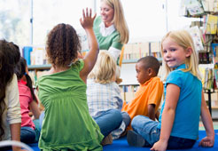 Group of young children sitting around listening as teacher reads and shows book, asking questions about the content
